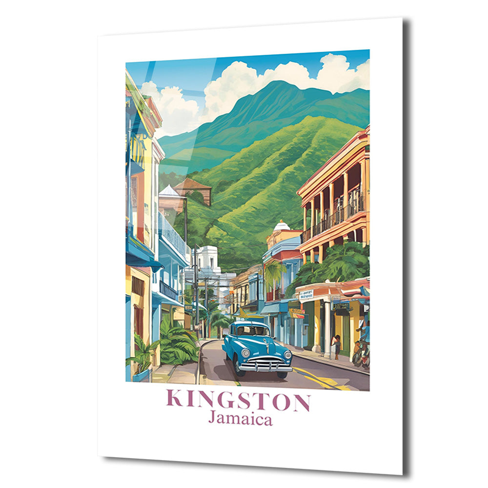 Kingston Jamaika Vintage Sokak Manzarası Cam Tablo