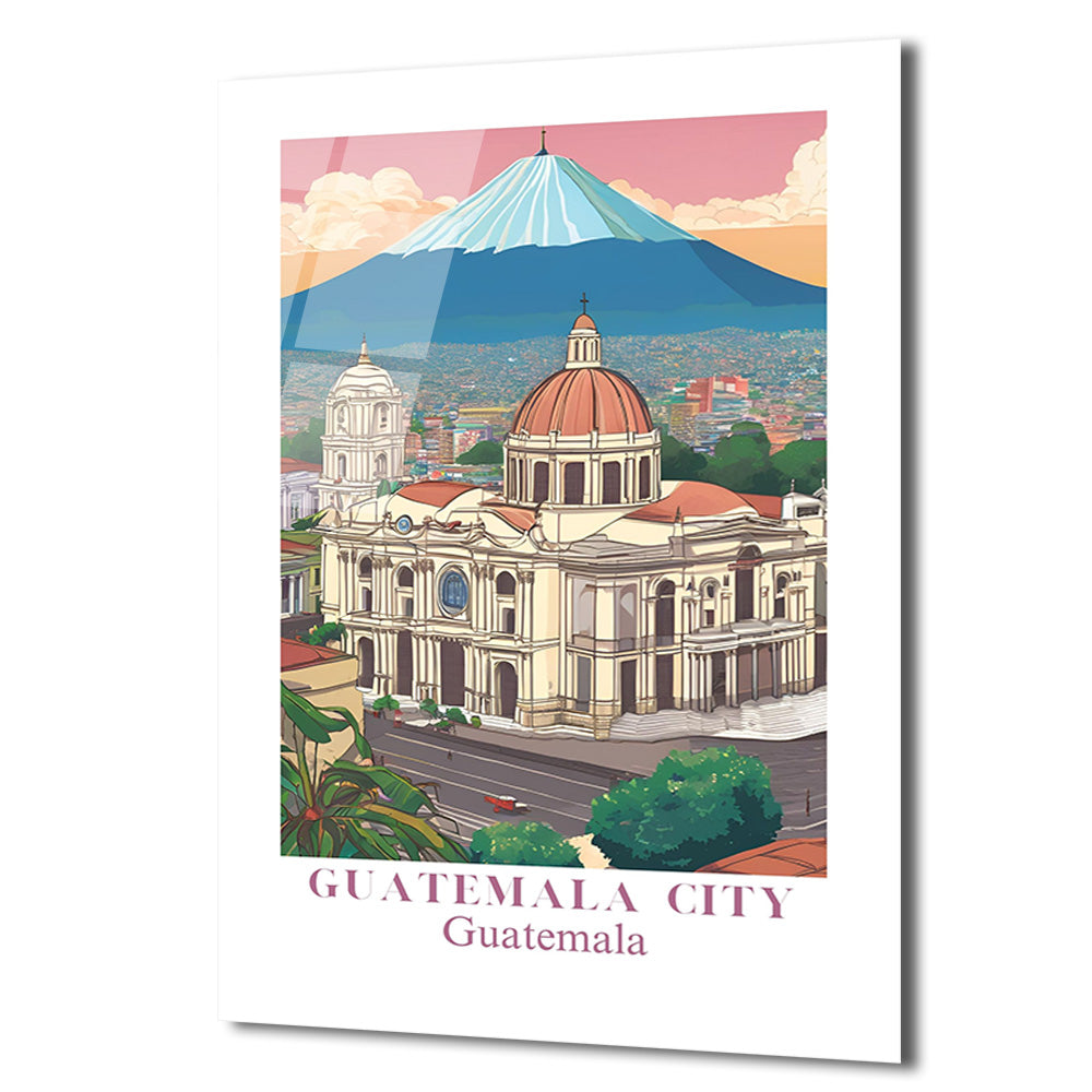 Guatemala Şehir Manzarası Cam Tablo: Volkan ve Katedral