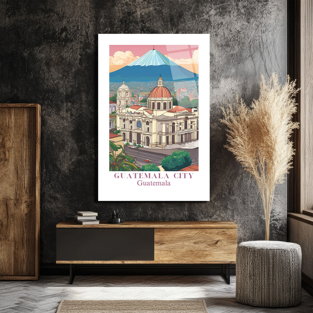 Guatemala Şehir Manzarası Cam Tablo: Volkan ve Katedral