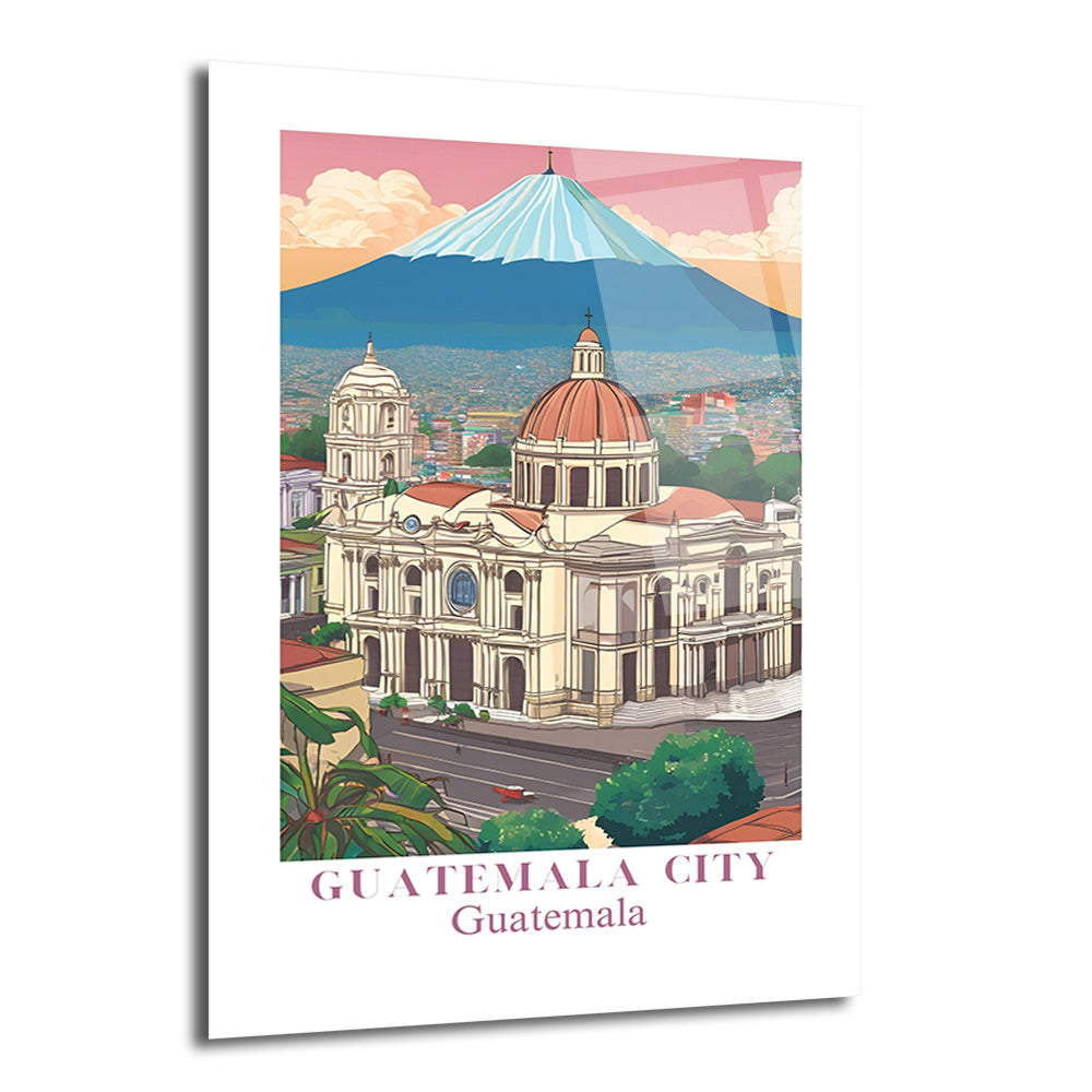 Guatemala Şehir manzaralı, pastel tonlarda bir illüstrasyon. Ön planda büyük, kubbeli bir katedral ve çan kulesi, arka planda karlı bir volkan ve şehir silüeti görülüyor. Gökyüzü pembe ve turuncu bulutlarla kaplı.