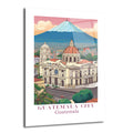 Guatemala Şehir manzaralı, pastel tonlarda bir illüstrasyon. Ön planda büyük, kubbeli bir katedral ve çan kulesi, arka planda karlı bir volkan ve şehir silüeti görülüyor. Gökyüzü pembe ve turuncu bulutlarla kaplı.