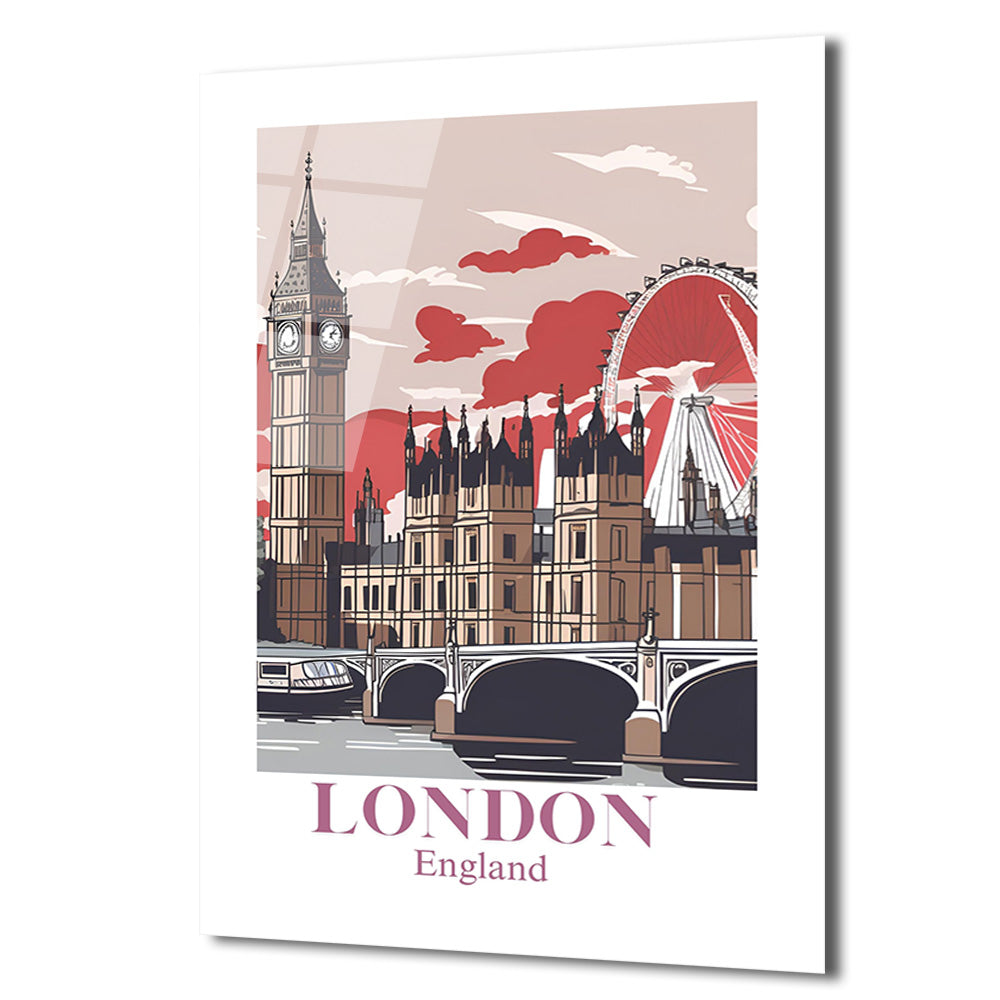 Londra Manzarası Cam Tablo: Big Ben ve London Eye ile Şehrin Ruhunu Yakalayın