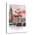 Big Ben, Parlamento Binası, London Eye ve Thames Nehri üzerindeki köprüyü gösteren, kırmızı ve kahverengi tonlarda stilize edilmiş Londra silüeti çizimi.