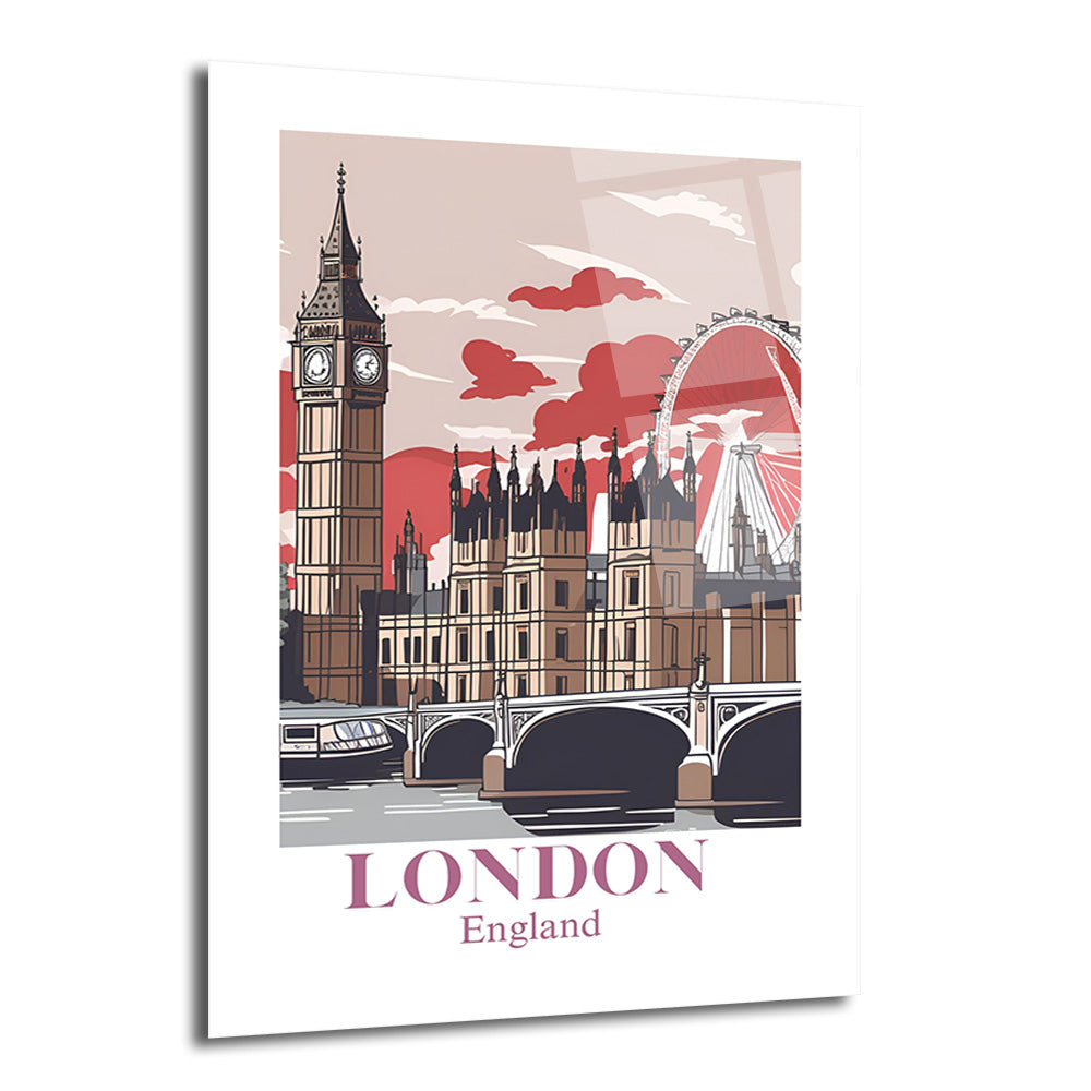 Big Ben, Parlamento Binası, London Eye ve Thames Nehri üzerindeki köprüyü gösteren, kırmızı ve kahverengi tonlarda stilize edilmiş Londra silüeti çizimi.