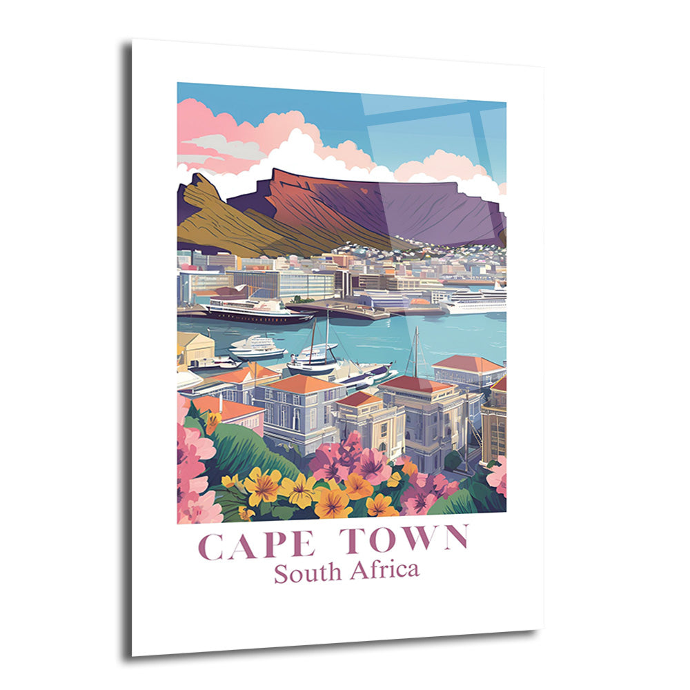 Güney Afrika'nın Cape Town şehrinin Table Dağı, liman, şehir binaları ve rengarenk çiçeklerle süslenmiş, canlı ve stilize edilmiş bir illüstrasyonu.