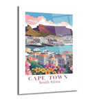 Güney Afrika'nın Cape Town şehrinin Table Dağı, liman, şehir binaları ve rengarenk çiçeklerle süslenmiş, canlı ve stilize edilmiş bir illüstrasyonu.