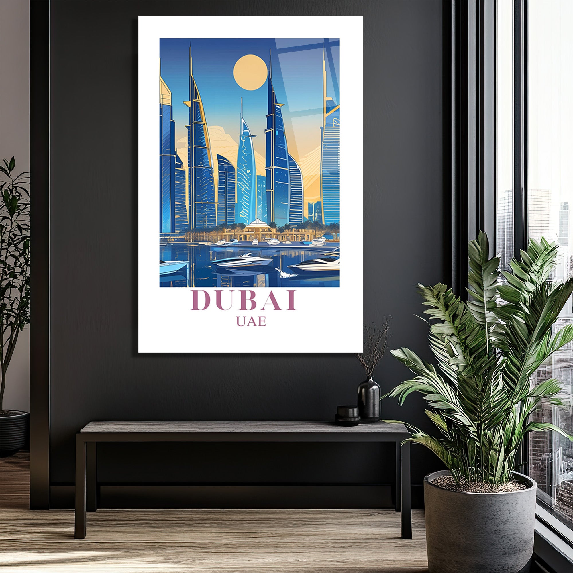 Dubai Şehir Manzarası Modern Temalı Lüks Cam Tablo