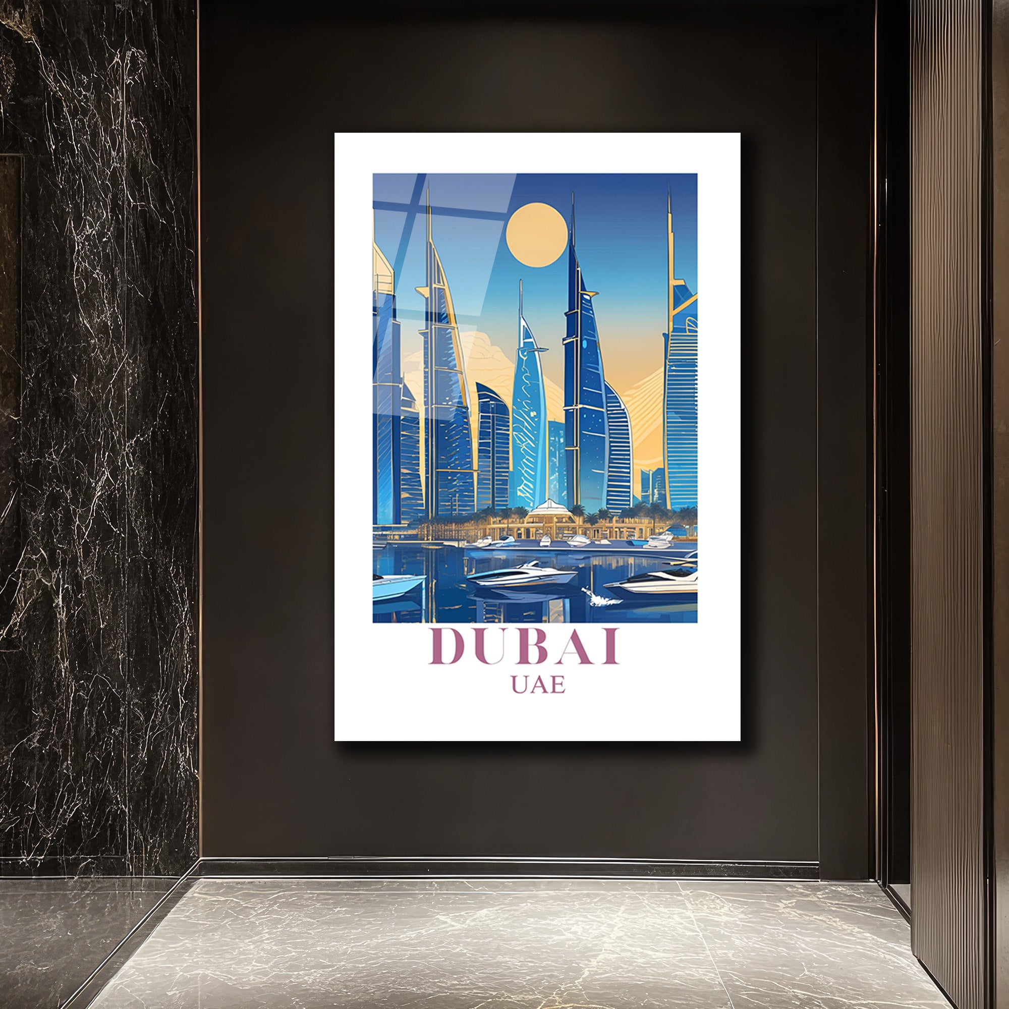 Dubai Şehir Manzarası Modern Temalı Lüks Cam Tablo