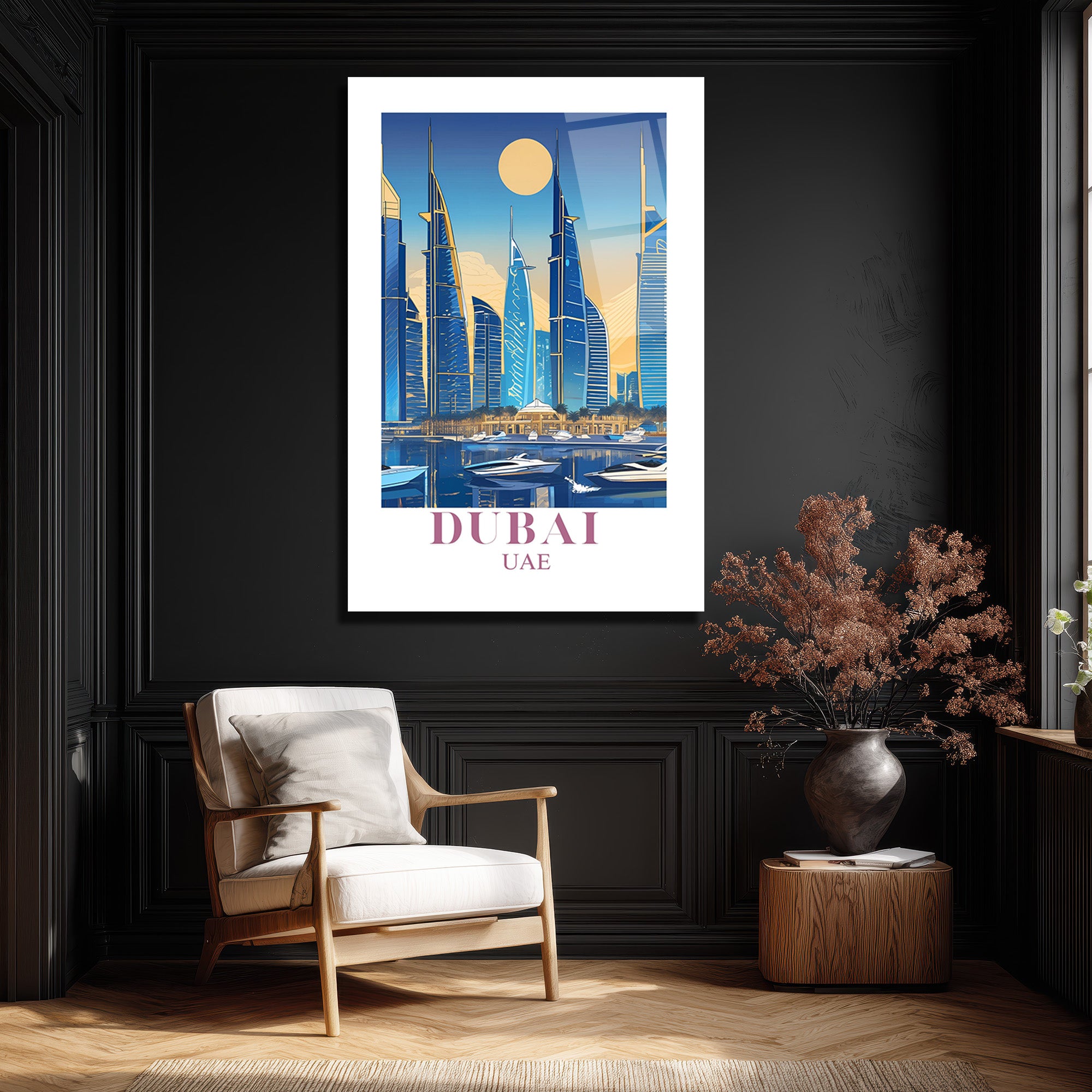 Dubai Şehir Manzarası Modern Temalı Lüks Cam Tablo