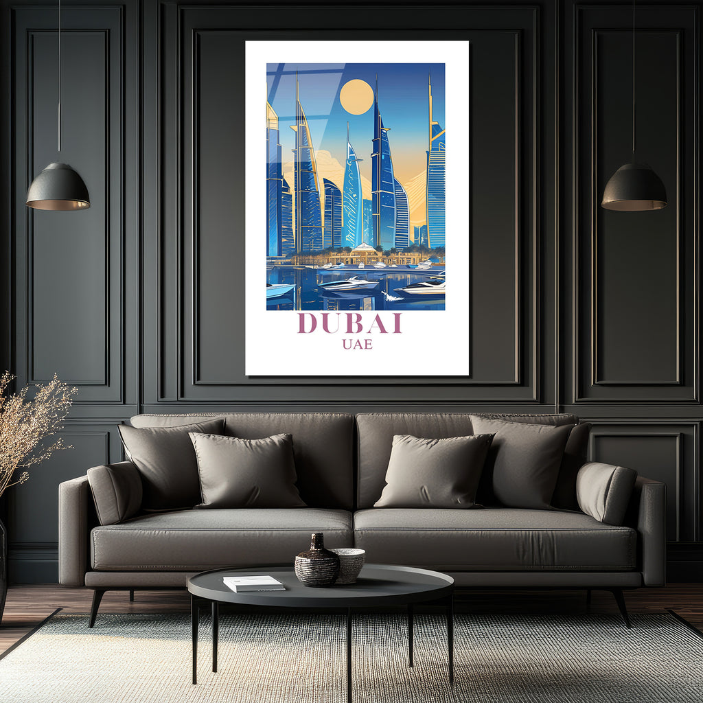 Dubai Şehir Manzarası Modern Temalı Lüks Cam Tablo