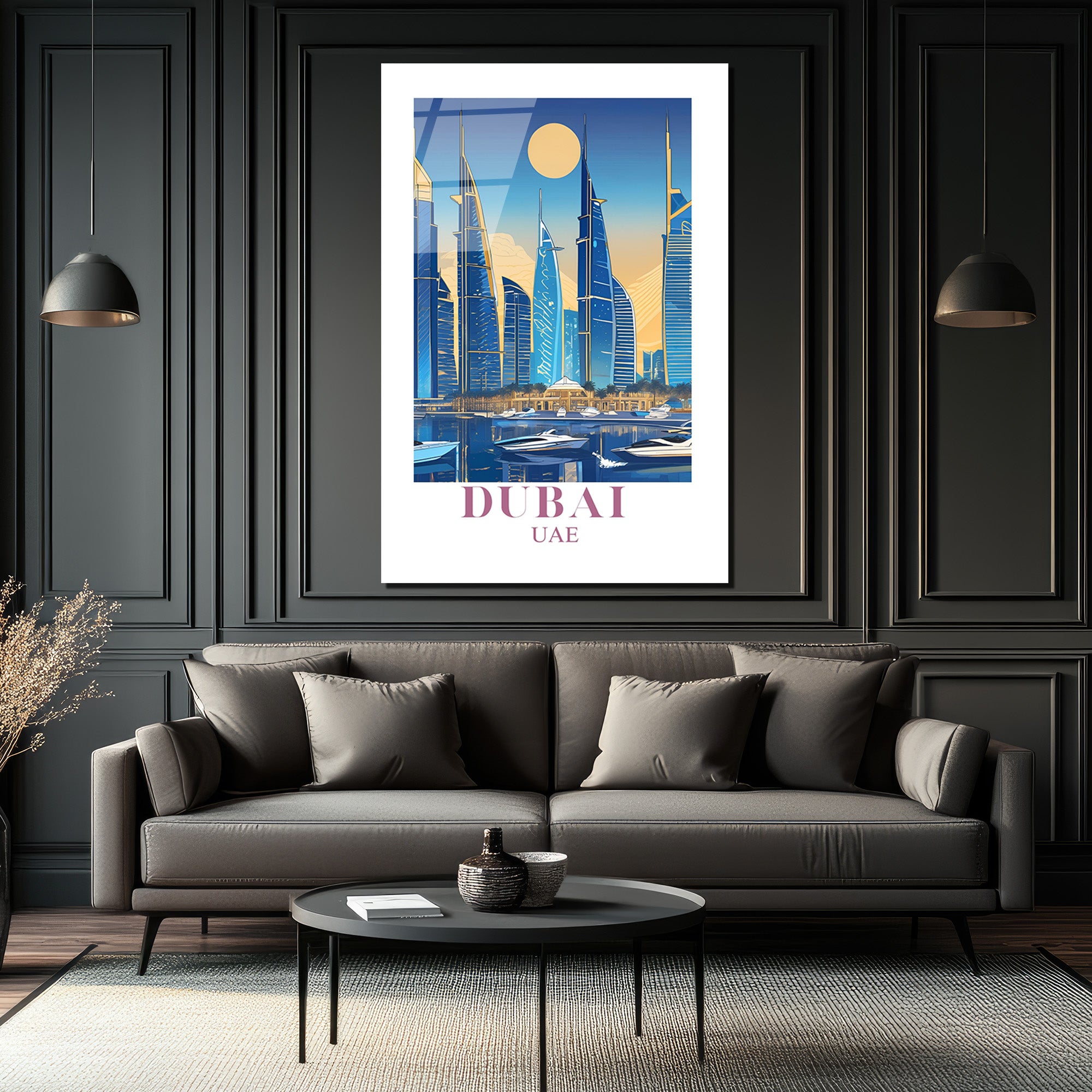 Dubai Şehir Manzarası Modern Temalı Lüks Cam Tablo