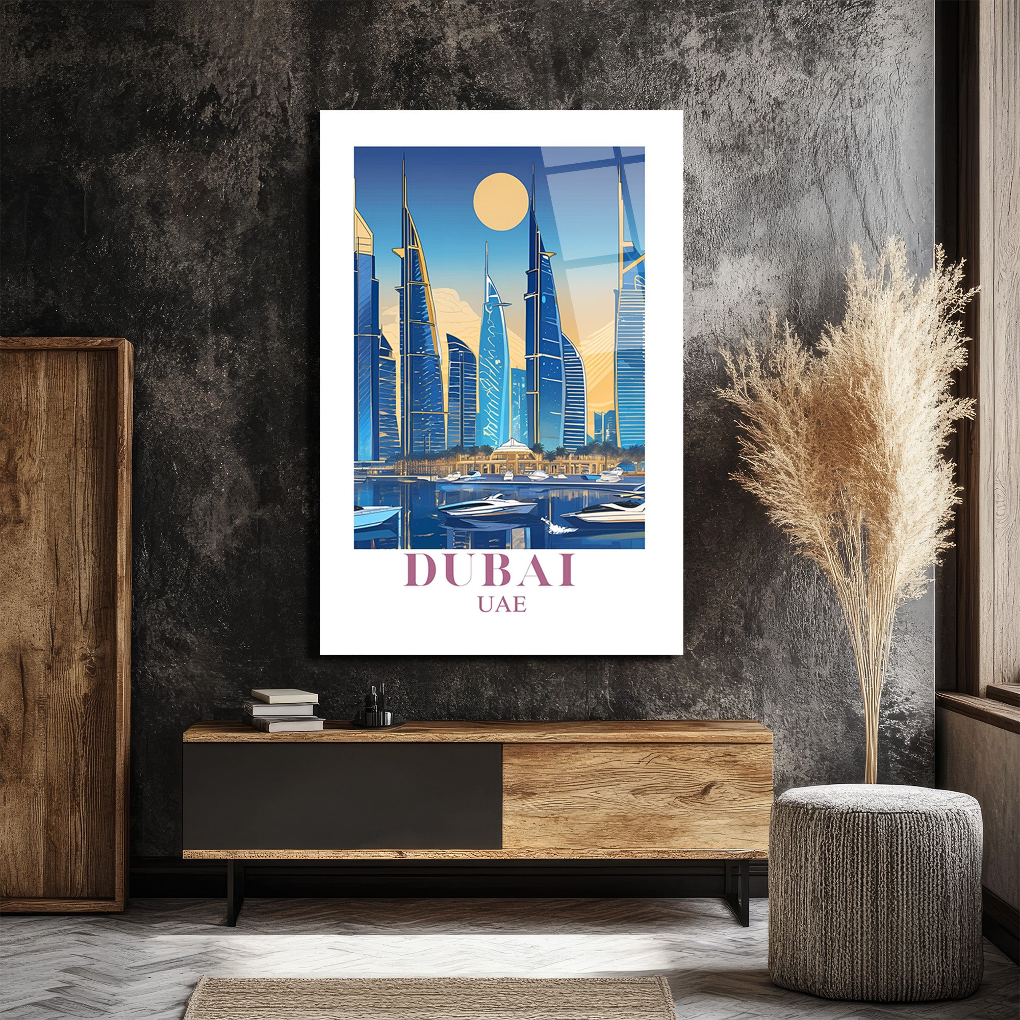 Dubai Şehir Manzarası Modern Temalı Lüks Cam Tablo