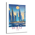 Dubai'nin ikonik gökdelenlerinin, su üzerinde yüzen teknelerin ve batmakta olan güneşin modern, stilize bir illüstrasyonunu gösteren cam tablo. Mavi, altın ve beyaz tonları hakimdir.