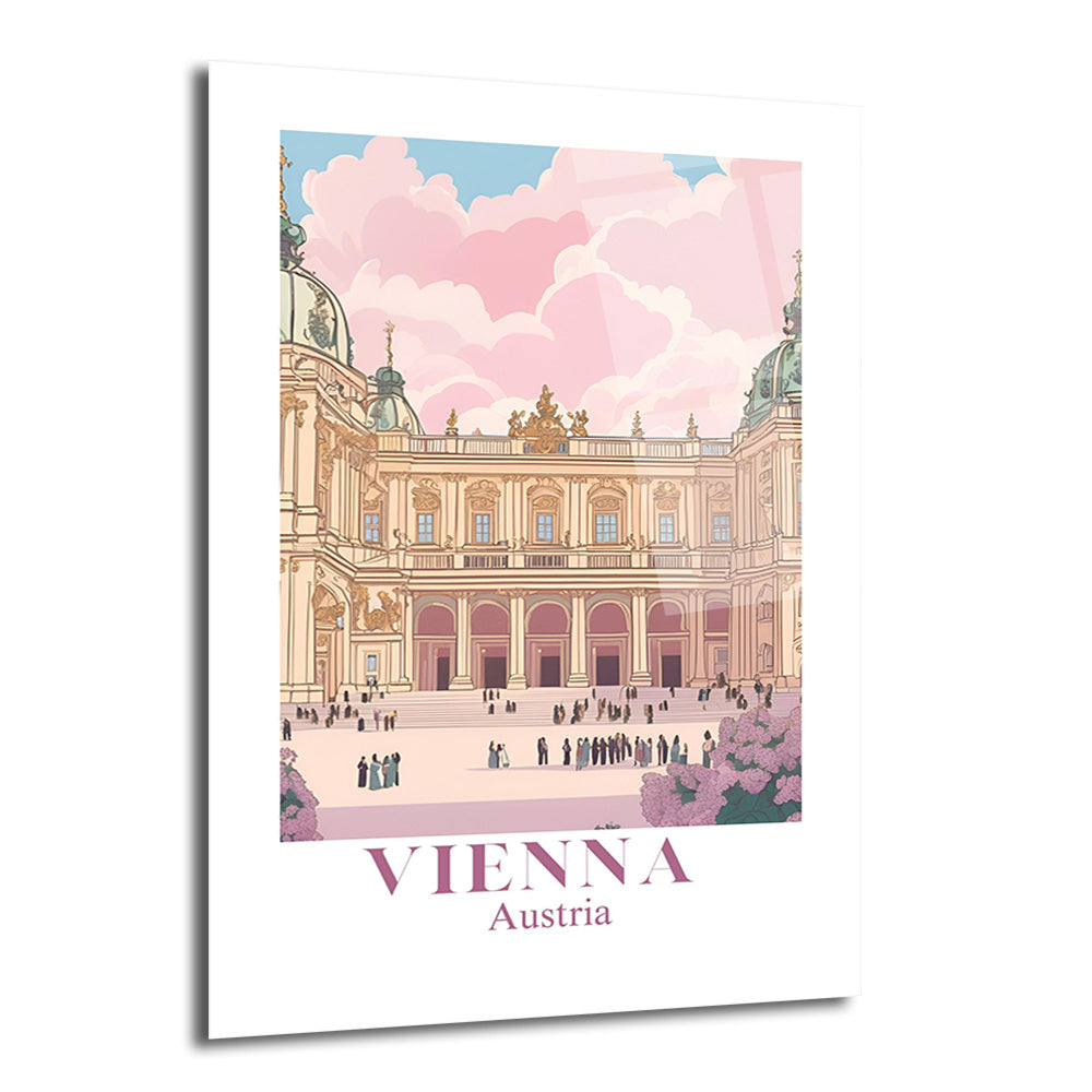 Pembe bulutlu gökyüzü altında Viyana'daki Schönbrunn Sarayı'nın zarif illüstrasyonu, avluda gezinen ziyaretçiler ve alt kısmında "VIENNA Austria" yazısı bulunan bir cam tablo.