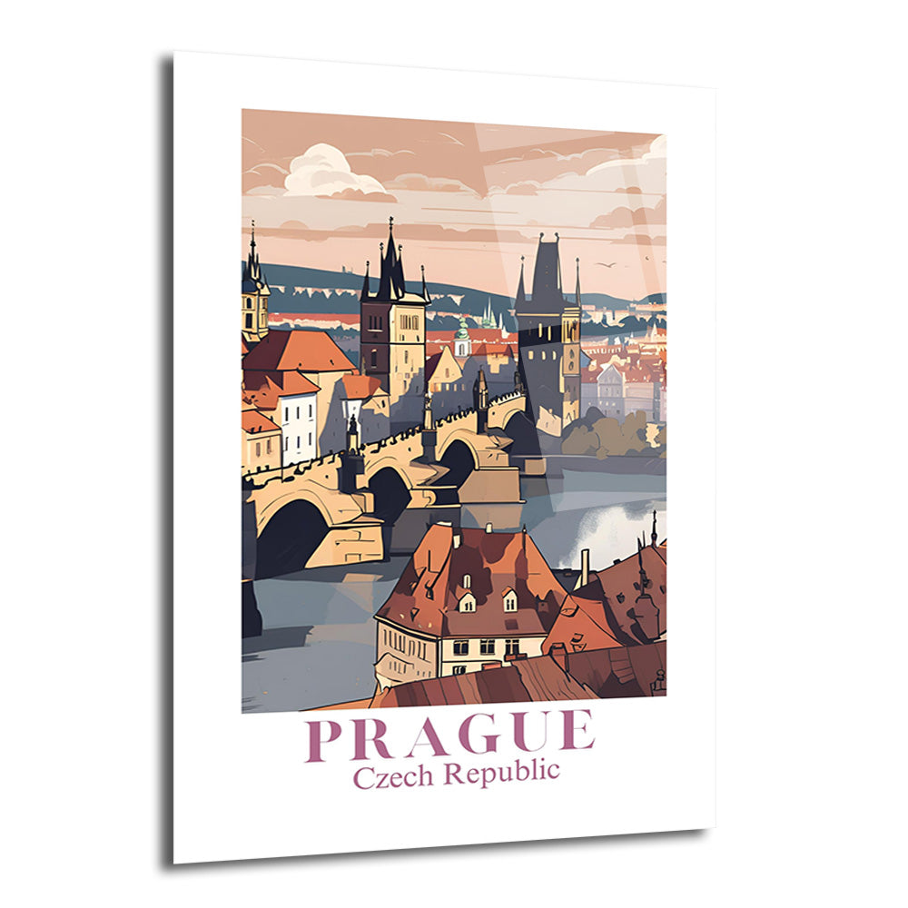 Prag şehrinin ikonik Karl Köprüsü, Vltava Nehri ve tarihi binalarını gösteren, modern illüstrasyon tarzında yapılmış, sıcak renk tonlarında bir duvar sanatı. Resmin altında 'Prague Czech Republic' yazısı bulunmaktadır.