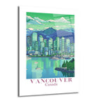 Vancouver Kanada şehir manzarası, yüksek binalar, dağlar, su üzerinde tekneler ve yeşil tonlarda gökyüzü ile çizim stilinde bir cam tablo.