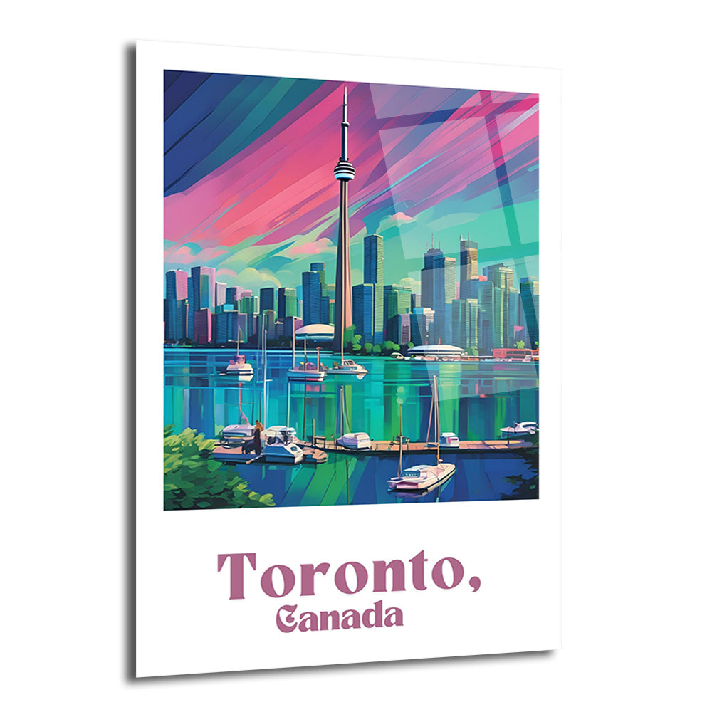 Toronto şehrinin CN Kulesi ve gökdelenleriyle birlikte, pembe, mor ve turkuaz tonlarında stilize edilmiş bir gün batımı manzarası. Ön planda teknelerin bulunduğu bir marina ve suyun yansımaları yer alıyor. Görselin altında 'Toronto, Canada' yazısı bulunuyor.