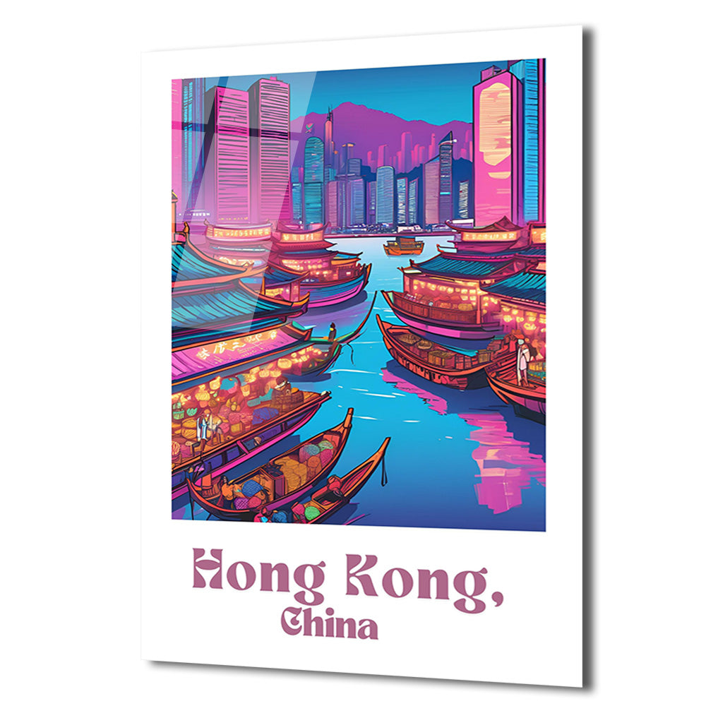 Hong Kong Neon Işıltısı Cam Tablo - Şehir Manzarası