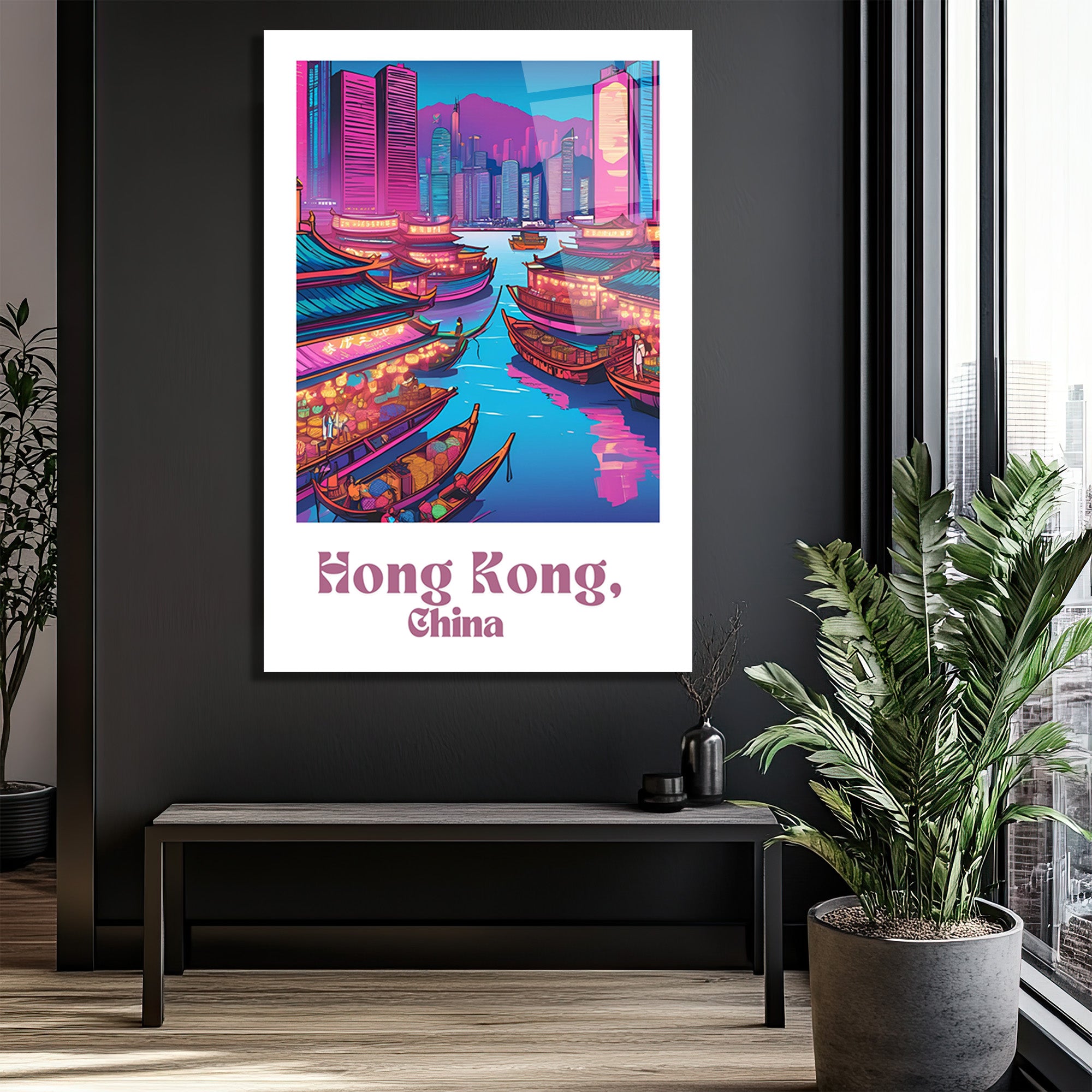 Hong Kong Neon Işıltısı Cam Tablo - Şehir Manzarası