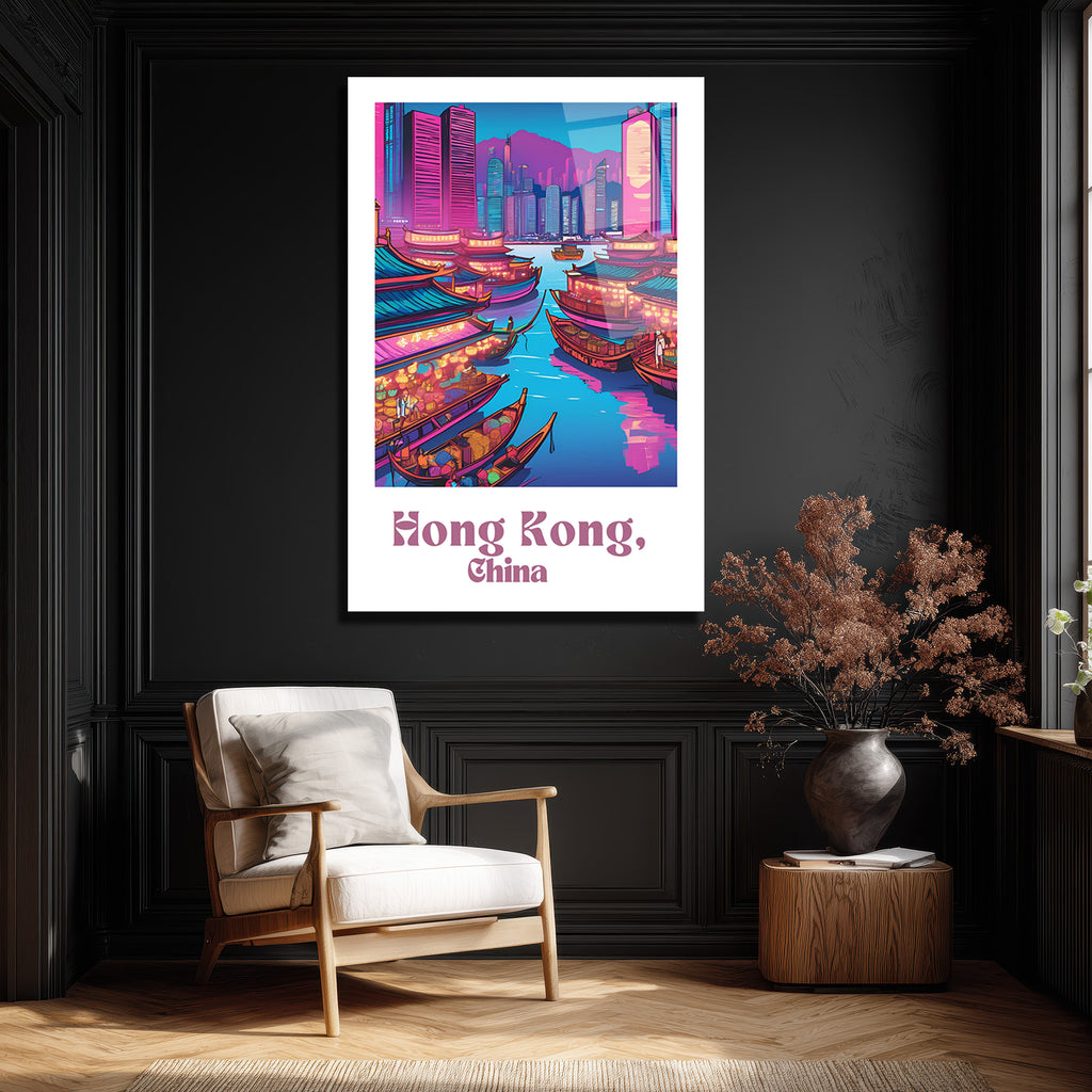 Hong Kong Neon Işıltısı Cam Tablo - Şehir Manzarası