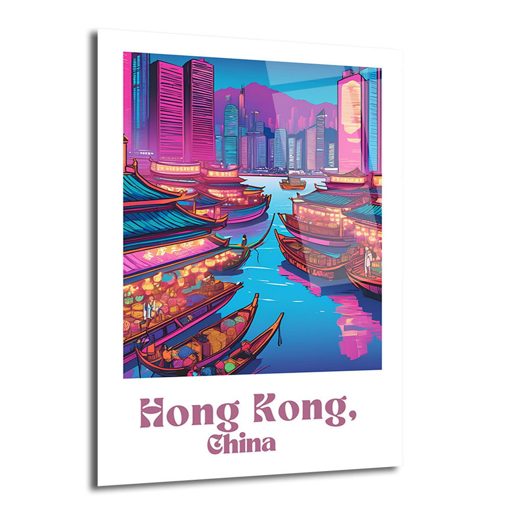 Neon renklerle canlandırılmış, Hong Kong'un geleneksel teknelerle dolu limanını ve arka plandaki modern gökdelenlerini gösteren canlı ve dinamik bir sanat eseri.