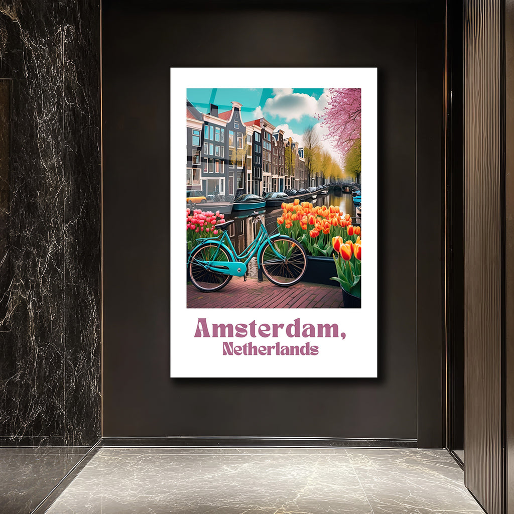 Amsterdam'ın Büyüsü: Bisiklet ve Laleler Cam Tablo