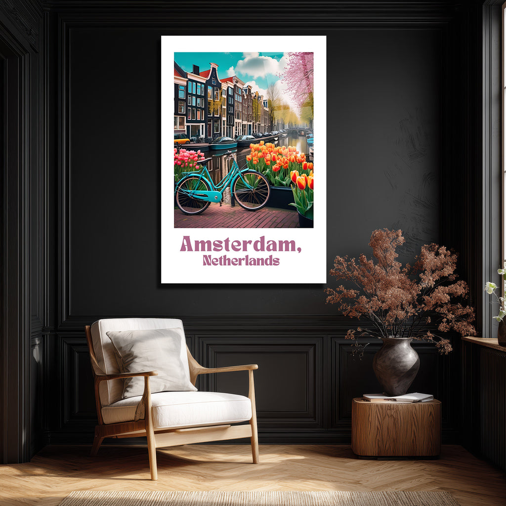 Amsterdam'ın Büyüsü: Bisiklet ve Laleler Cam Tablo