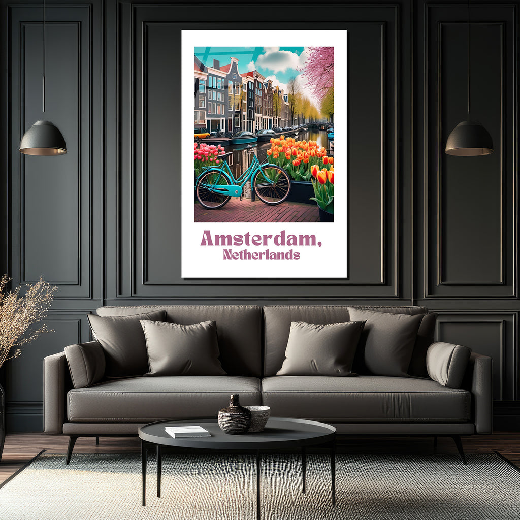 Amsterdam'ın Büyüsü: Bisiklet ve Laleler Cam Tablo