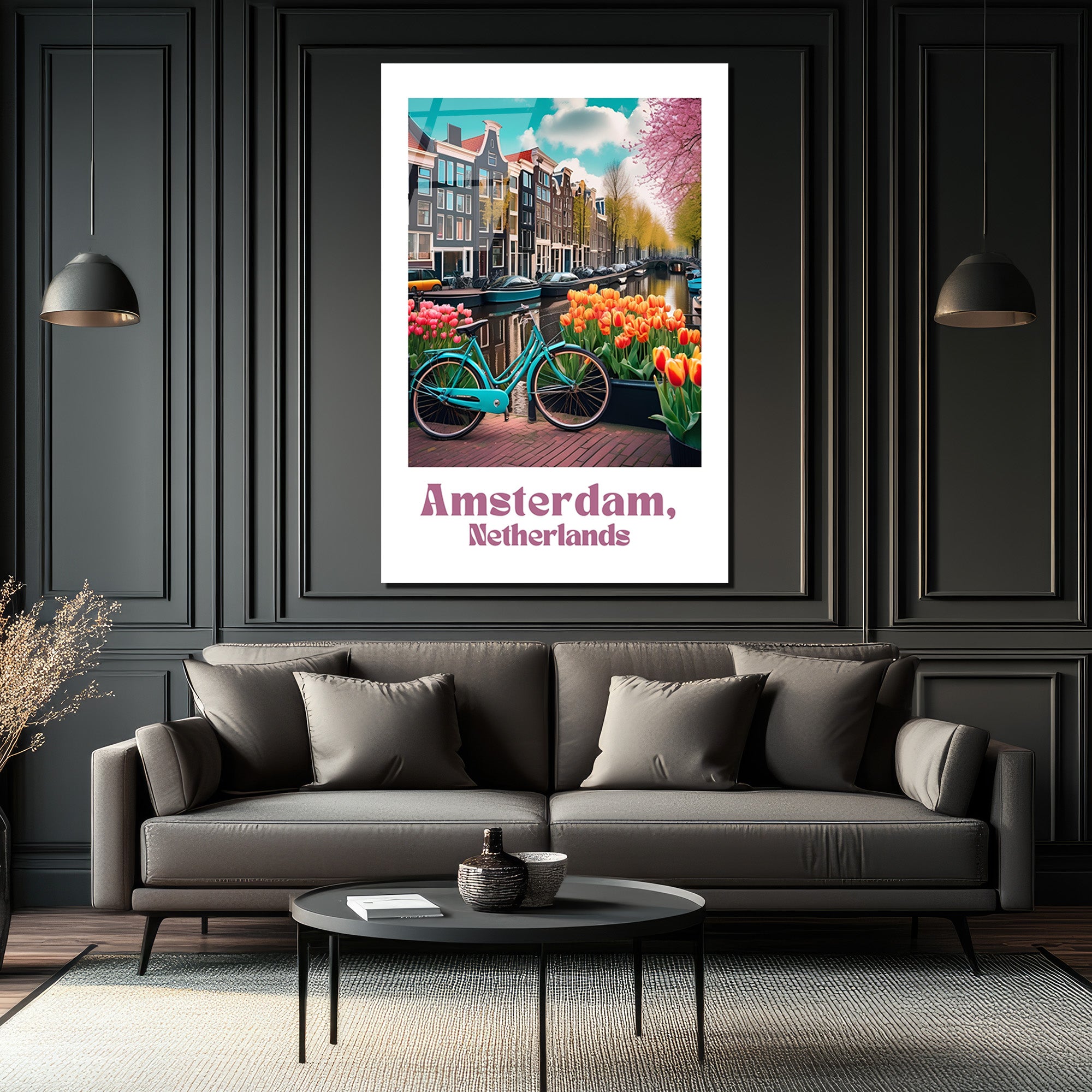 Amsterdam'ın Büyüsü: Bisiklet ve Laleler Cam Tablo