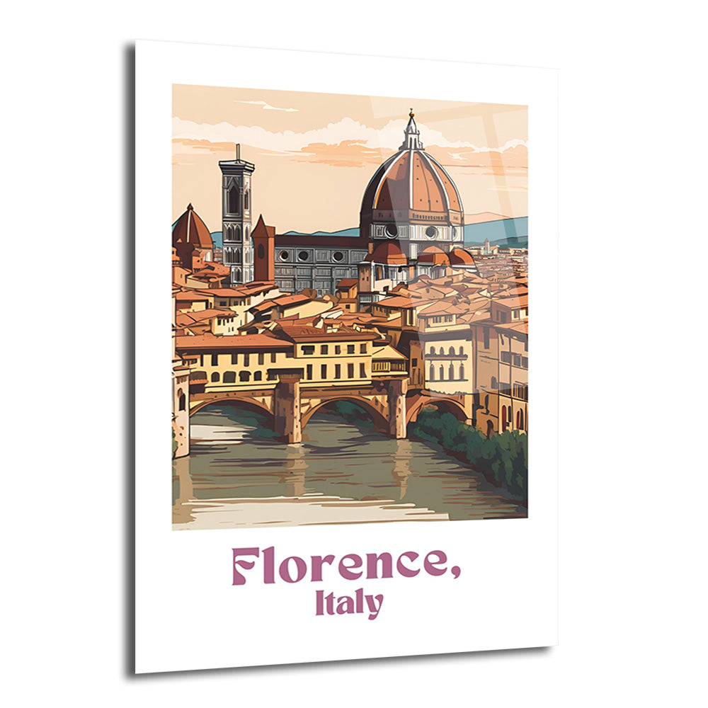 Floransa, İtalya'nın ikonik yapıları olan Ponte Vecchio köprüsü, Duomo ve Giotto'nun Çan Kulesi'nin nehir manzaralı, retro tarzda çizimini gösteren bir cam tablo.