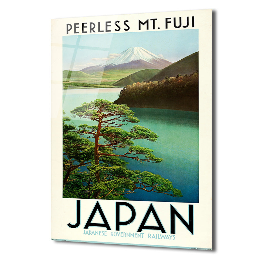 Japonya Fuji Dağı Vintage Seyahat Posteri Cam Tablo