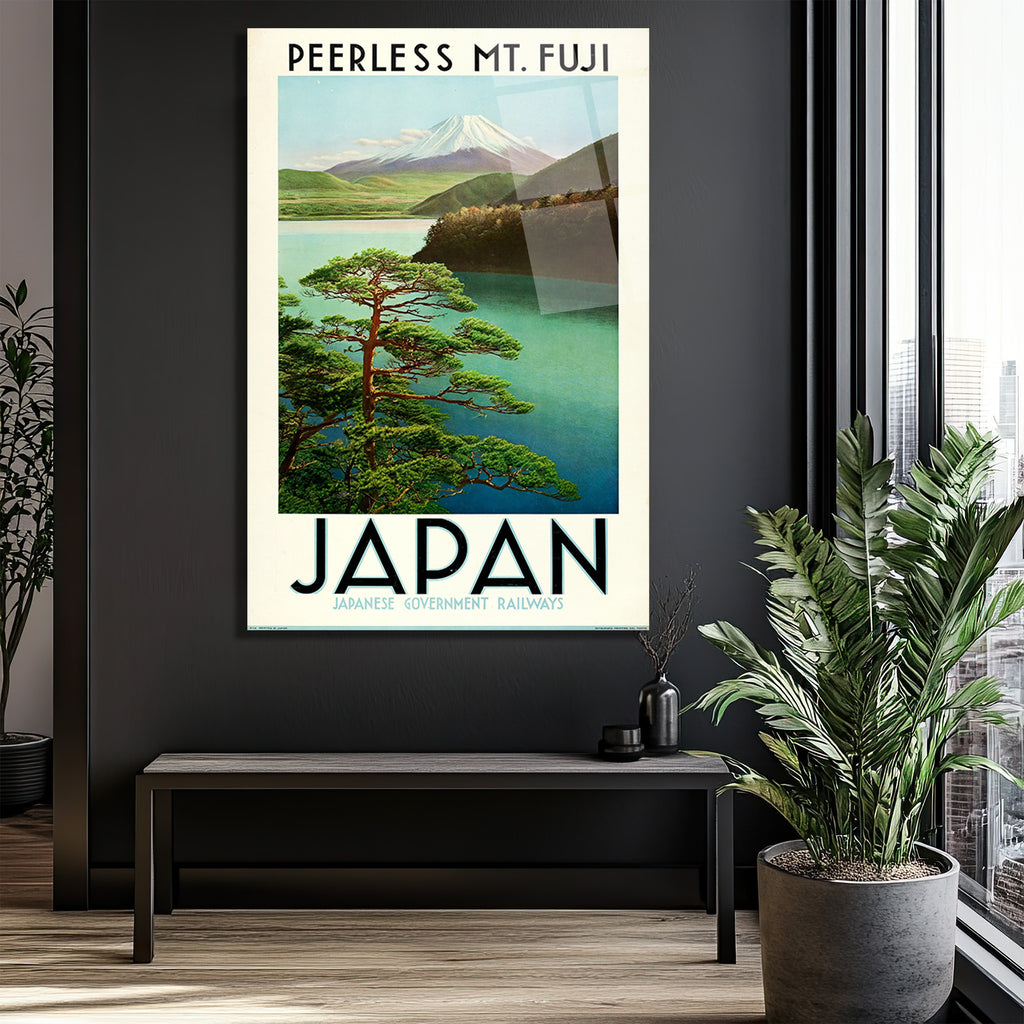Japonya Fuji Dağı Vintage Seyahat Posteri Cam Tablo