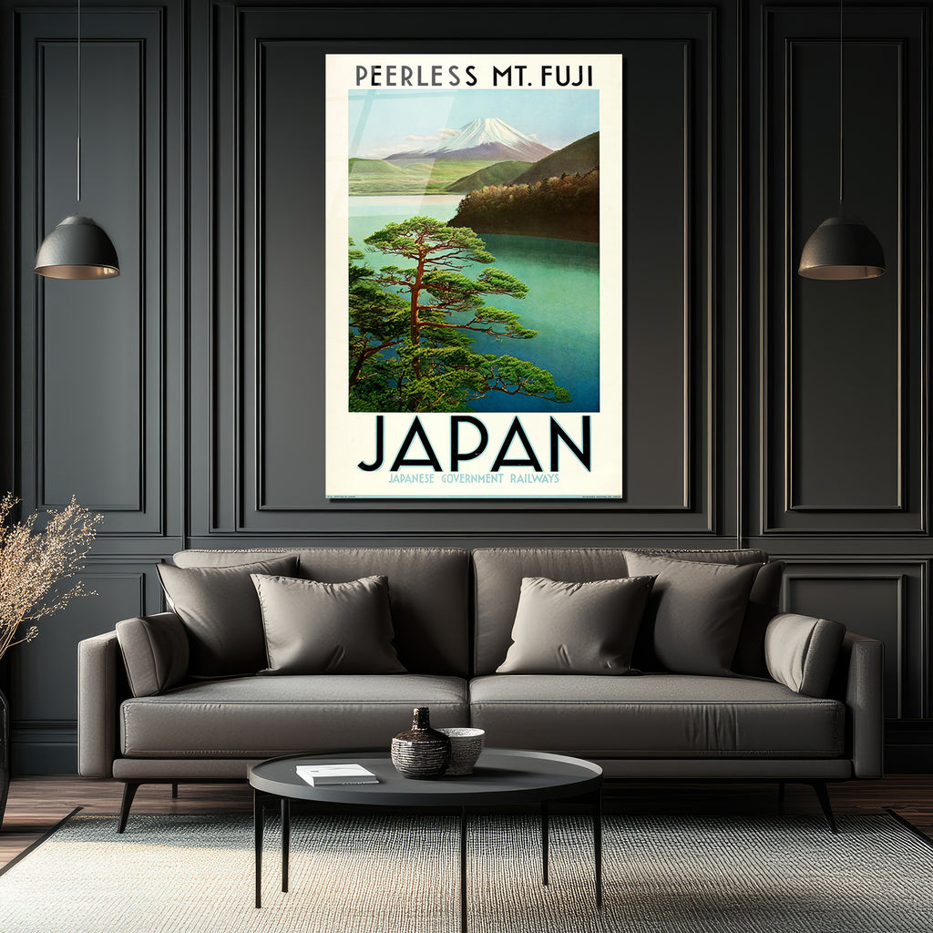 Japonya Fuji Dağı Vintage Seyahat Posteri Cam Tablo