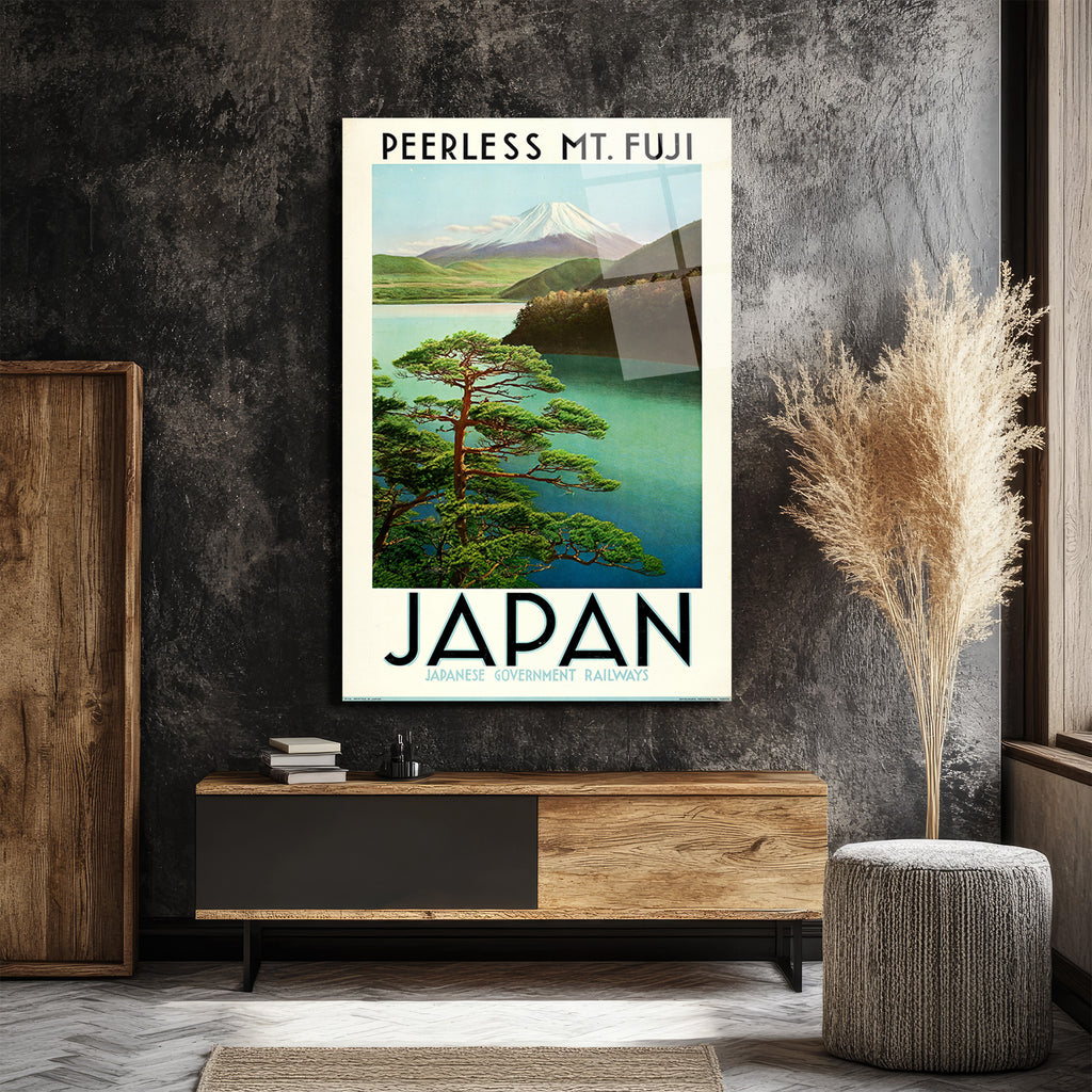 Japonya Fuji Dağı Vintage Seyahat Posteri Cam Tablo