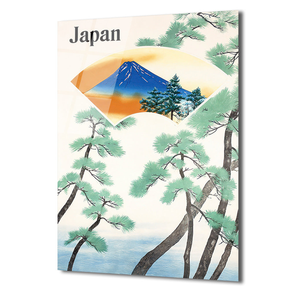 Japonya Fuji Dağı ve Çam Ağaçları Temalı Sanatsal Cam Tablo