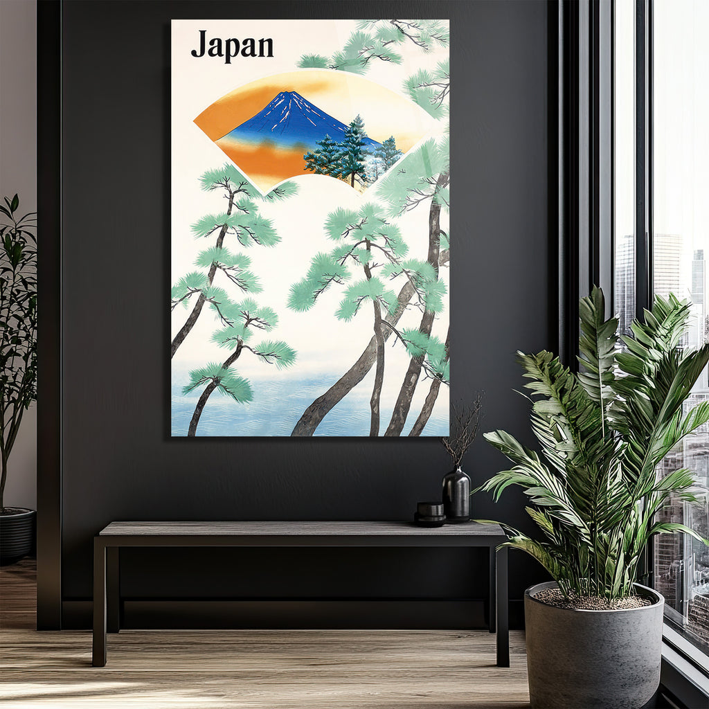 Japonya Fuji Dağı ve Çam Ağaçları Temalı Sanatsal Cam Tablo