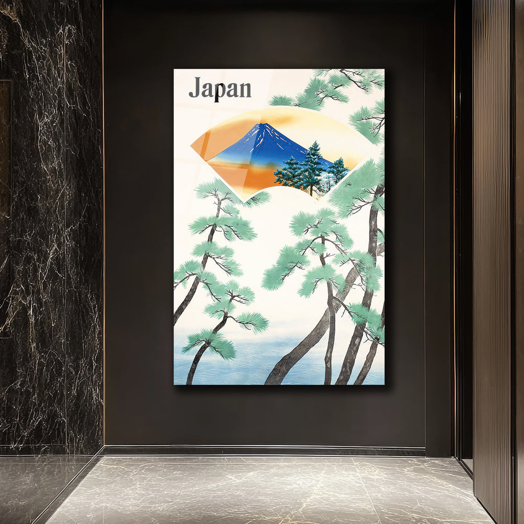 Japonya Fuji Dağı ve Çam Ağaçları Temalı Sanatsal Cam Tablo