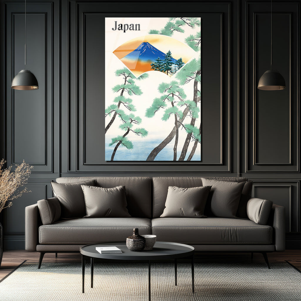 Japonya Fuji Dağı ve Çam Ağaçları Temalı Sanatsal Cam Tablo