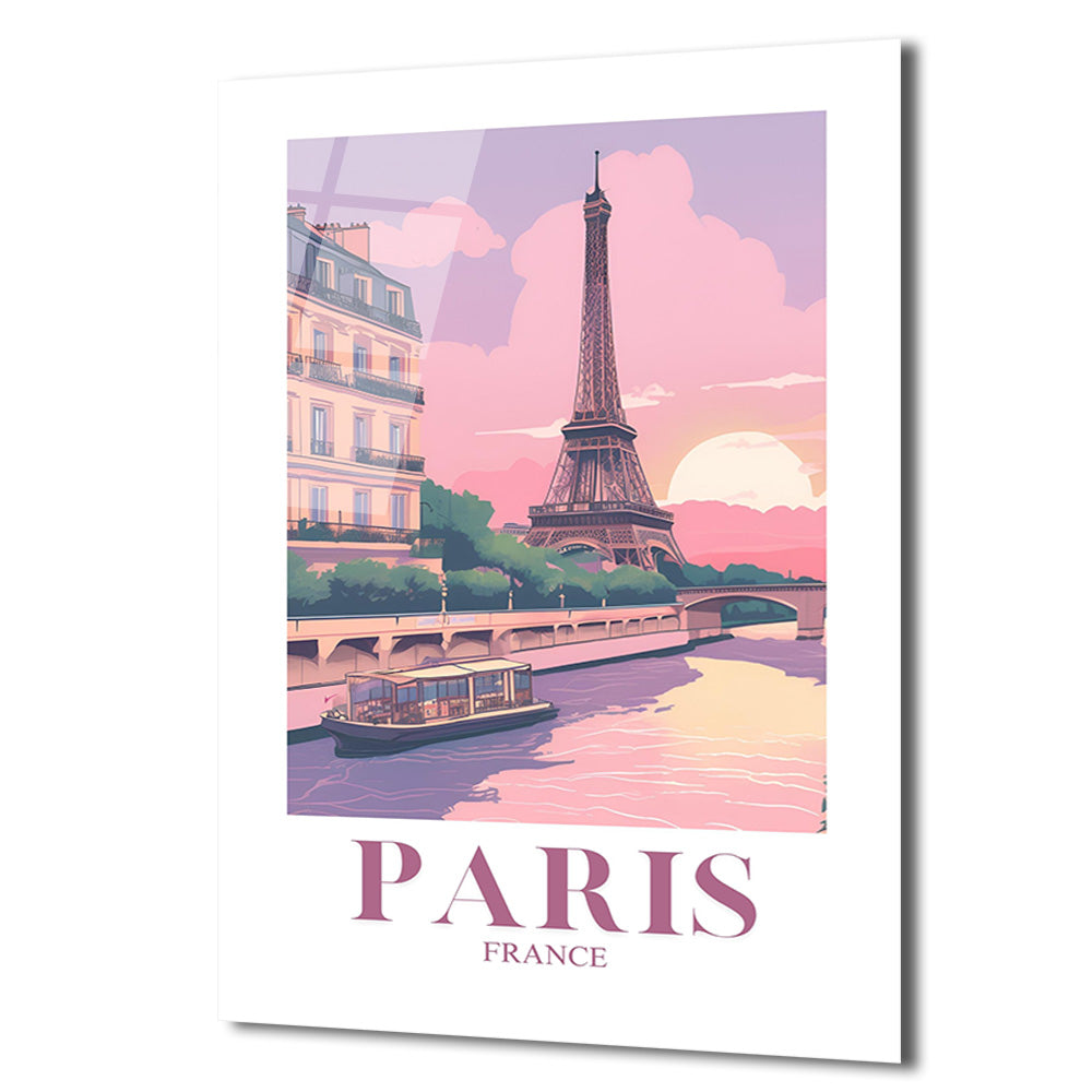Romantik Paris Gün Batımı Temalı Eyfel Kulesi Cam Tablo
