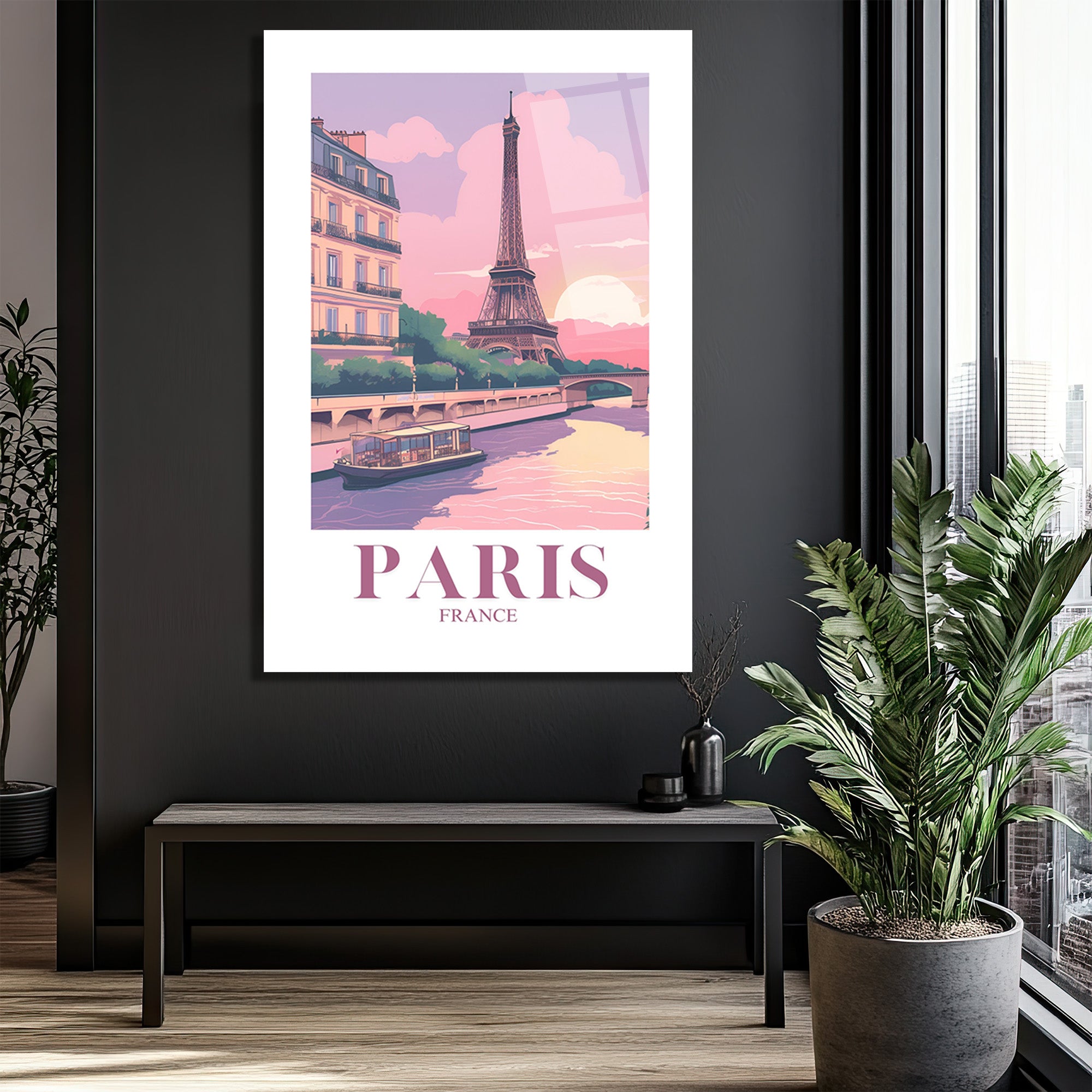 Romantik Paris Gün Batımı Temalı Eyfel Kulesi Cam Tablo