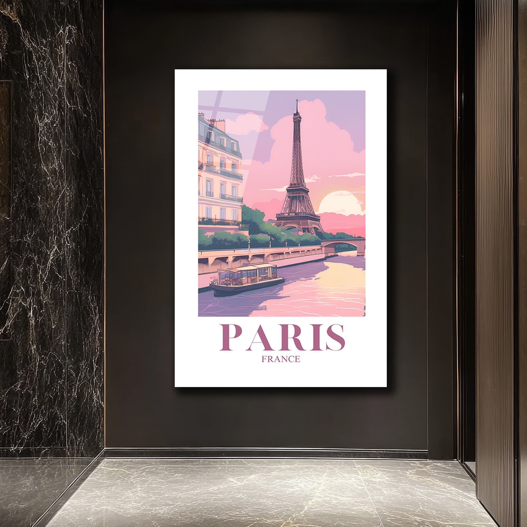 Romantik Paris Gün Batımı Temalı Eyfel Kulesi Cam Tablo