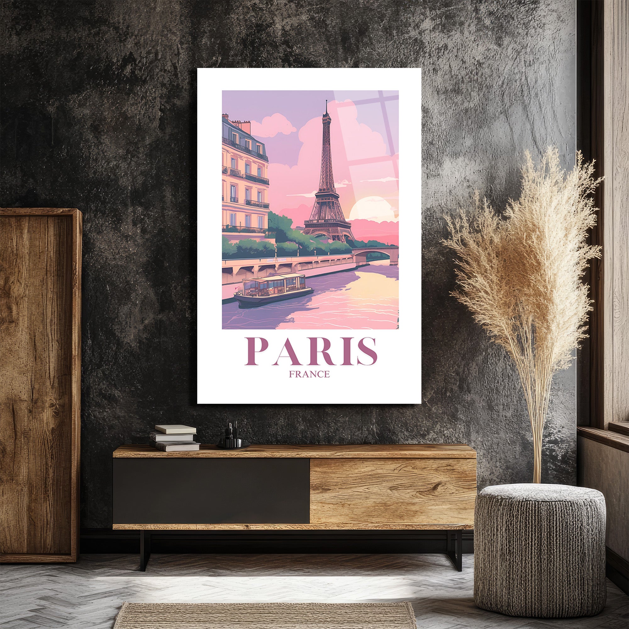 Romantik Paris Gün Batımı Temalı Eyfel Kulesi Cam Tablo