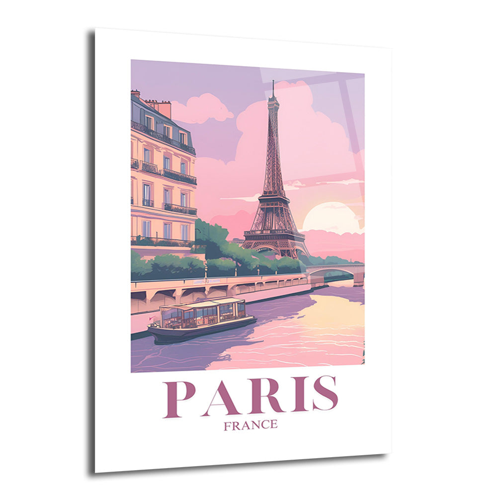 Paris'in ikonik Eyfel Kulesi'nin, Seine Nehri üzerinde bir teknenin süzüldüğü ve pembe-mor gün batımı gökyüzünün eşlik ettiği, pastel tonlarda çizim bir manzarayı gösteren cam tablo.