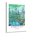 Toronto şehir merkezinin, CN Kulesi'nin, göl kenarındaki ağaçların ve suda yüzen teknelerin pastel tonlarda, modern illüstrasyon tarzında gösterildiği bir cam tablo.