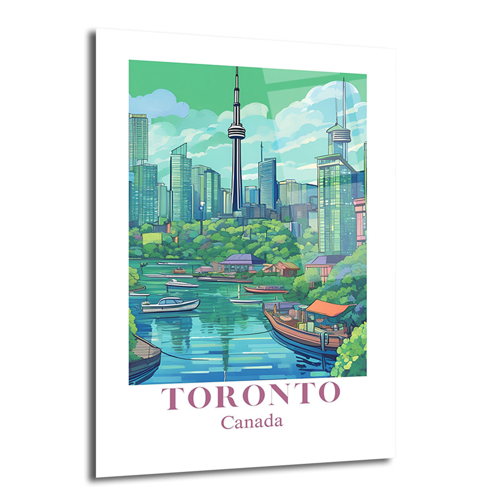 Toronto şehir merkezinin, CN Kulesi'nin, göl kenarındaki ağaçların ve suda yüzen teknelerin pastel tonlarda, modern illüstrasyon tarzında gösterildiği bir cam tablo.