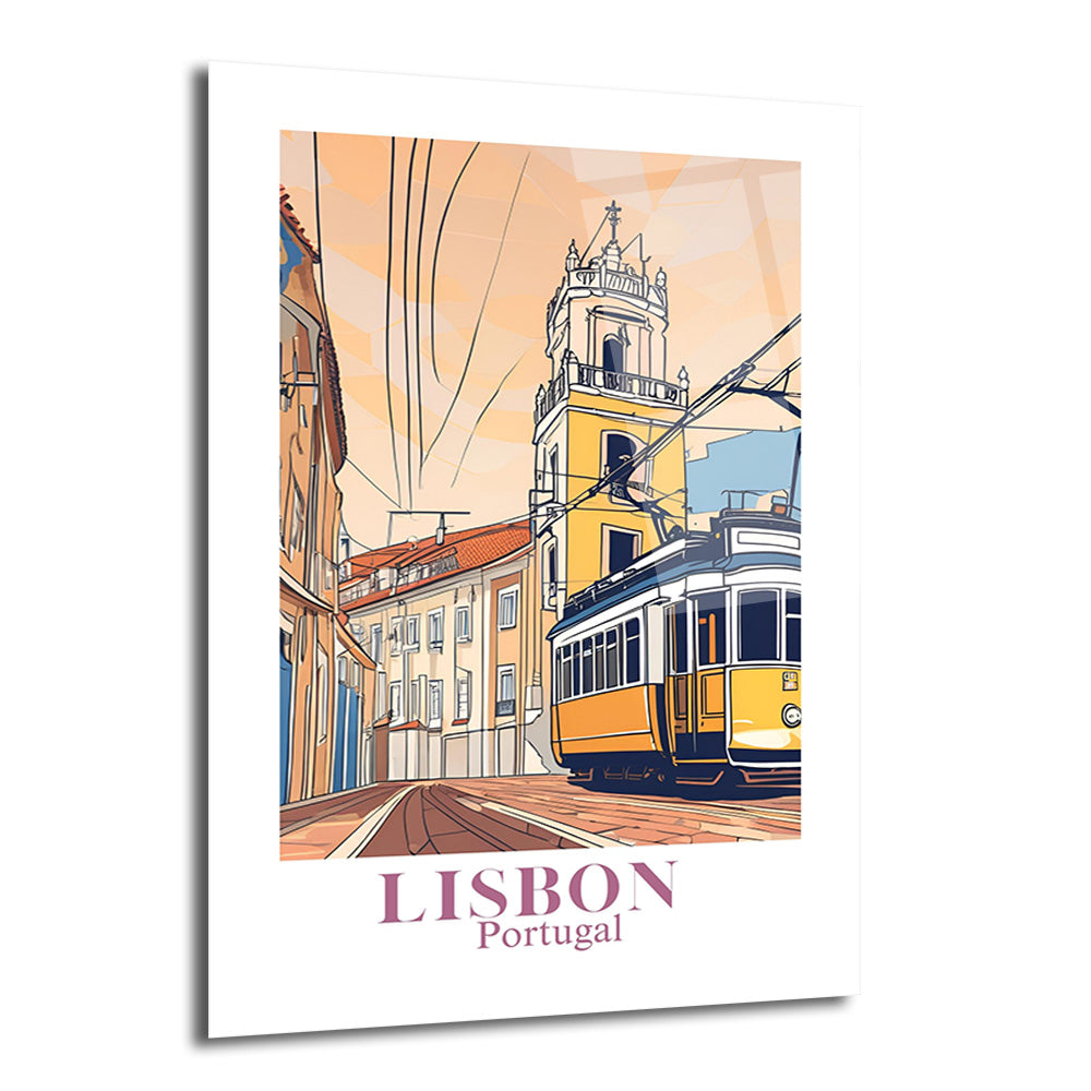 Lizbon'un tarihi sokaklarında ilerleyen sarı bir tramvayı, arkasında eski binalar ve bir çan kulesi ile gösteren, çizim stilinde modern bir cam tablo. Altta 'Lisbon Portugal' yazısı bulunuyor.