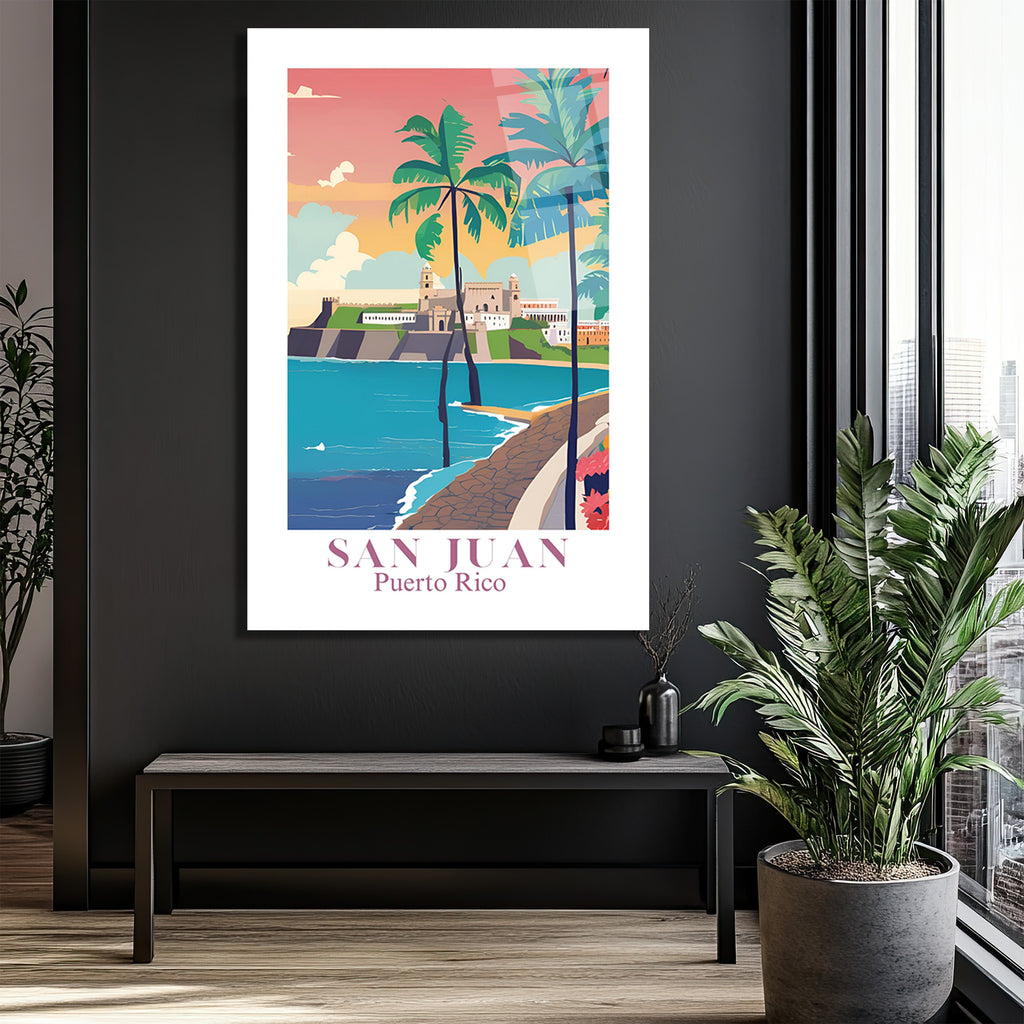 San Juan Puerto Rico Retro Plaj Manzarası Cam Tablo
