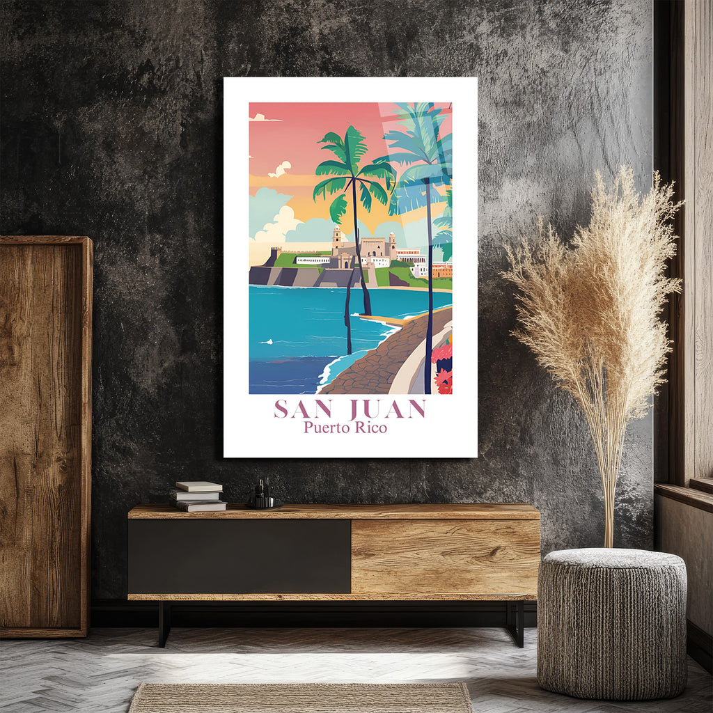 San Juan Puerto Rico Retro Plaj Manzarası Cam Tablo