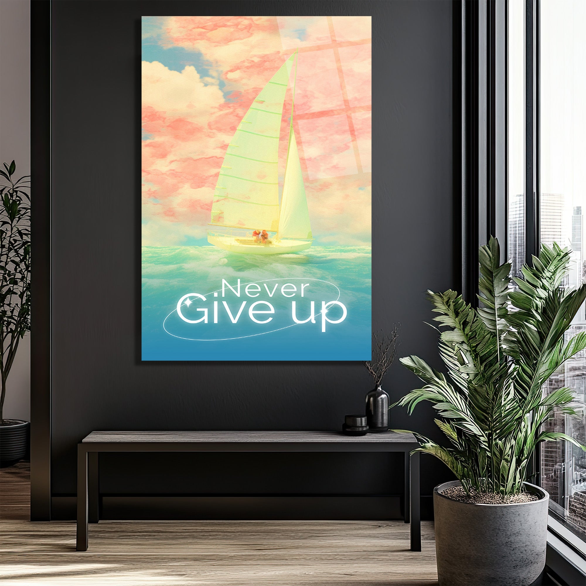 Asla Pes Etme Yelkenli Temalı Motivasyon Cam Tablo