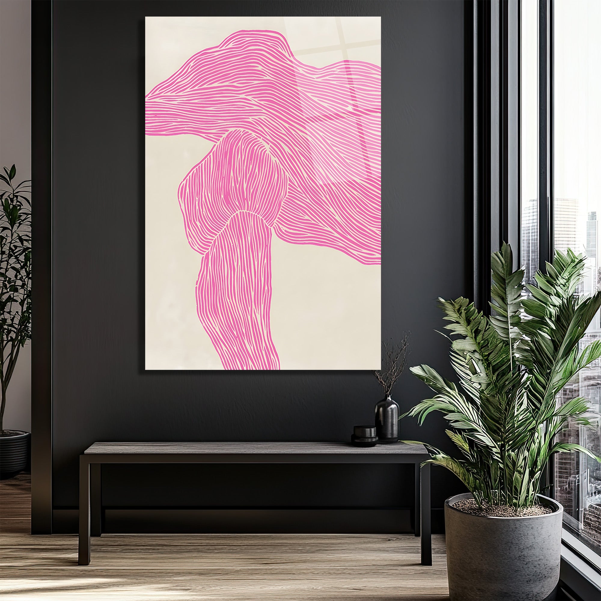 Pembe Çizgisel Soyut Sanat Cam Tablo - Modern Duvar Dekoru